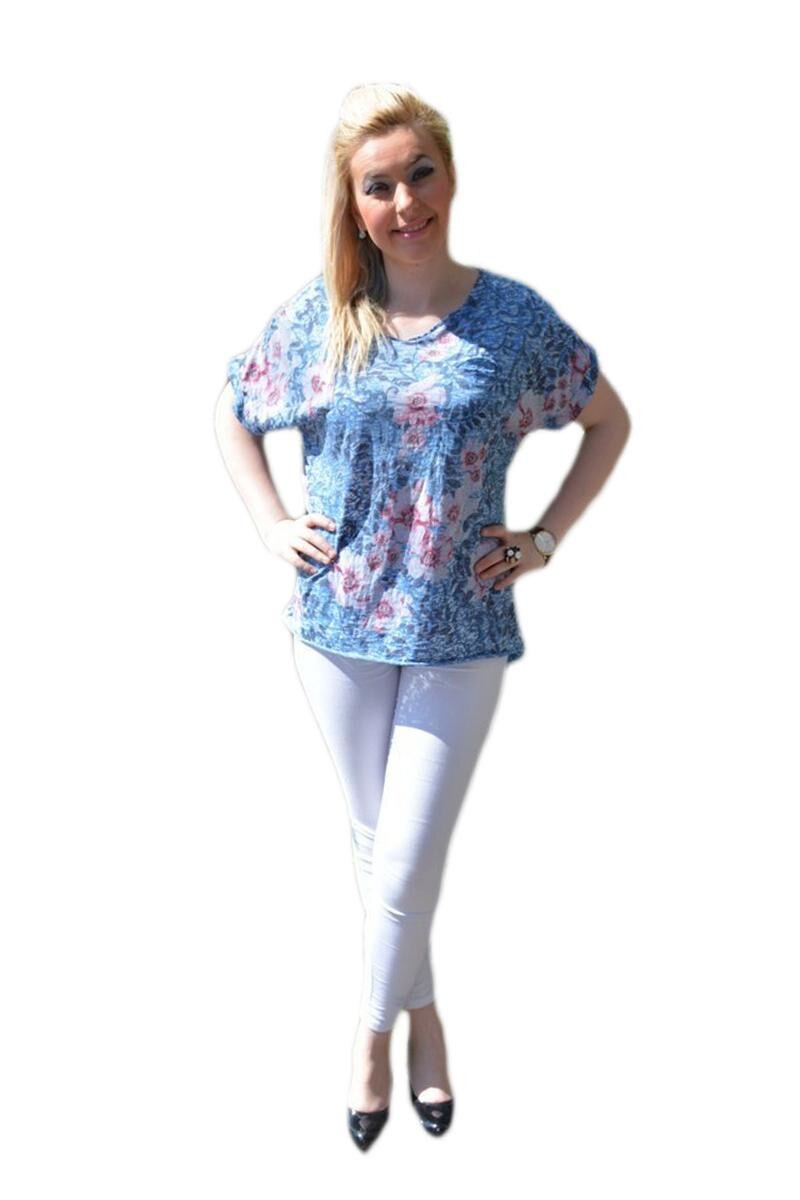Tricou cu flori roz,,material subtire, D&J Exclusive, Albastru