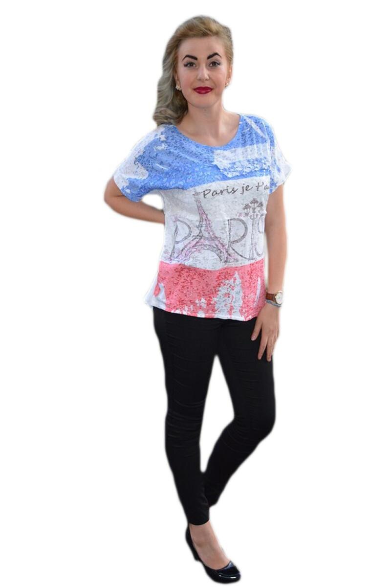 Tricou tineresc, imprimeu rafinat, alb-bleumarin-rosu D&J Exclusive, Alb/Albastru/Rosu