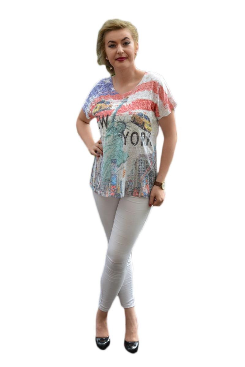 Tricou subtire, imprimeu deosebit multicolor, D&J Exclusive, Alb/Albastru