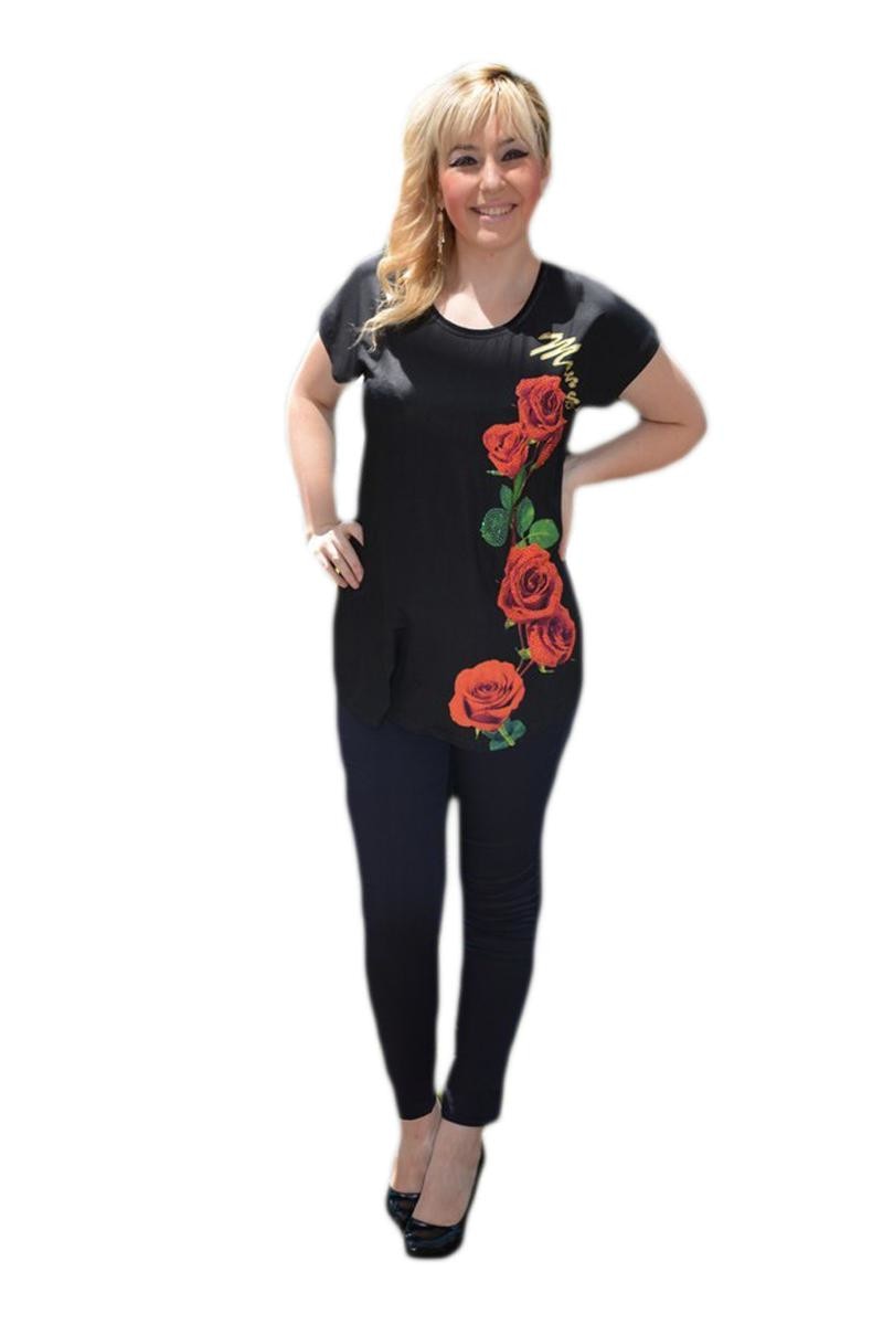 Tricou casual, imprimeu floral, D&J Exclusive, Negru