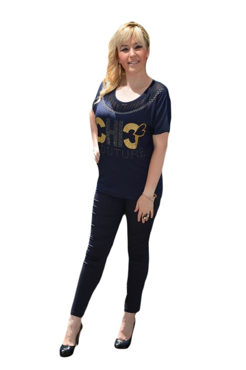 Tricou chic, cu imprimeu D&J Exclusive, Albastru marin