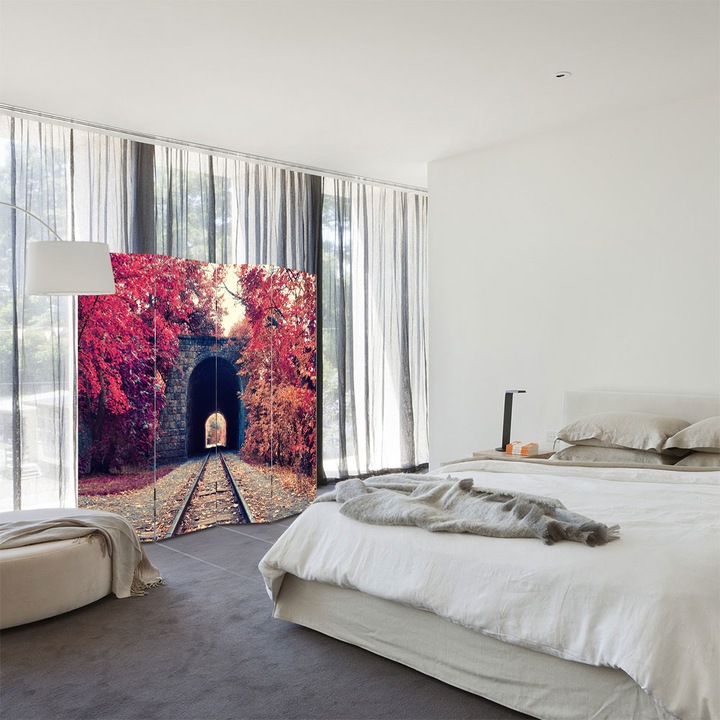 Paravan de Camera ArtDeco din 4 Panouri Peisaj Cale ferata 140 x 150 cm