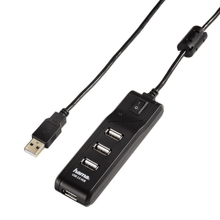 USB хъб с бутон за вкл./изкл. HAMA, USB 2.0, 1:4, черен