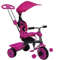 Tricicleta 3 in 1 pentru copii iMK™, Maner detasabil si reglabil, Parasolar, Manere anti-alunecare, Centura de siguranta, Cos pentru depozitare, Cadru metalic, Roz + Cadou Minge de plaja