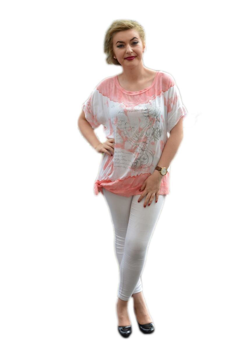 Tricou alb-corai, aspect marmorat, D&J Exclusive, Alb/Corai