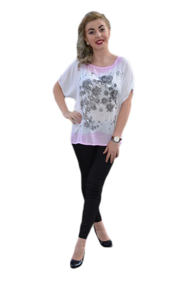 Tricou alb, material usor, imprimeu rafinat D&J Exclusive, Alb/Roz