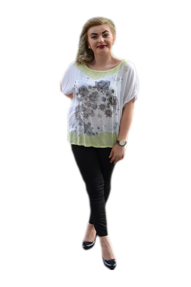 Tricou alb, material usor, imprimeu rafinat D&J Exclusive, Alb/Verde