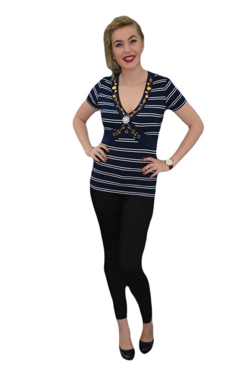 Tricou alb casual, dungi orizontale, D&J Exclusive, Bleumarin/Alb