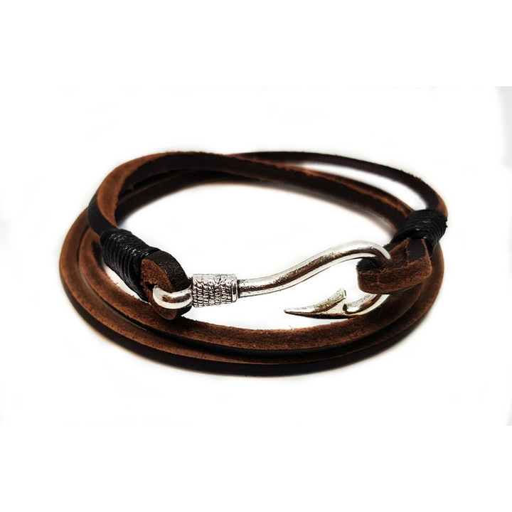 Bratara Wild Bracelets, Wrap cu carlig, din piele naturala, lucrata 100%fewqg manual, Maro