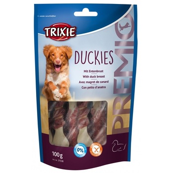 Recompensa Trixie Premio Duckies oase cu rata pentru caini 100 g 31538 Recompensa Trixie Premio Duckies oase cu rata pentru caini 100 g 31538