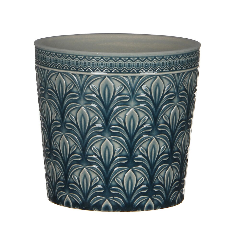 Ghiveci ceramic rotund Duke, marca Edelman, cu finisaj lucios in relief, culoarea petrol, cu inaltimea de 17.5 cm, fara gauri de drenaj, pentru plante deosebite de interior