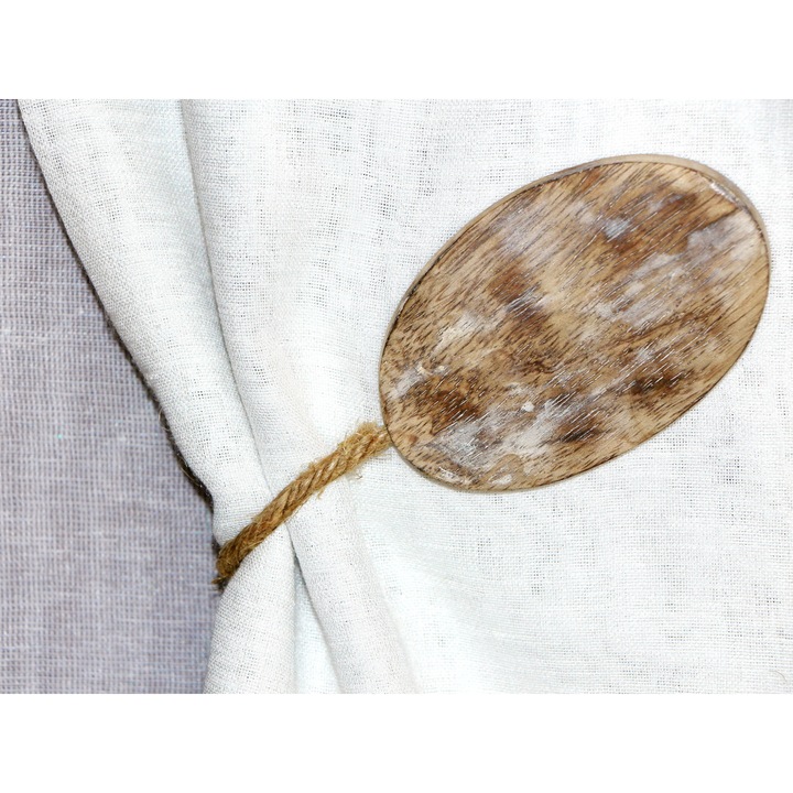 Магнит за перде Wooden, елипса дърво, цвят бор, въженце от юта, 540 мм