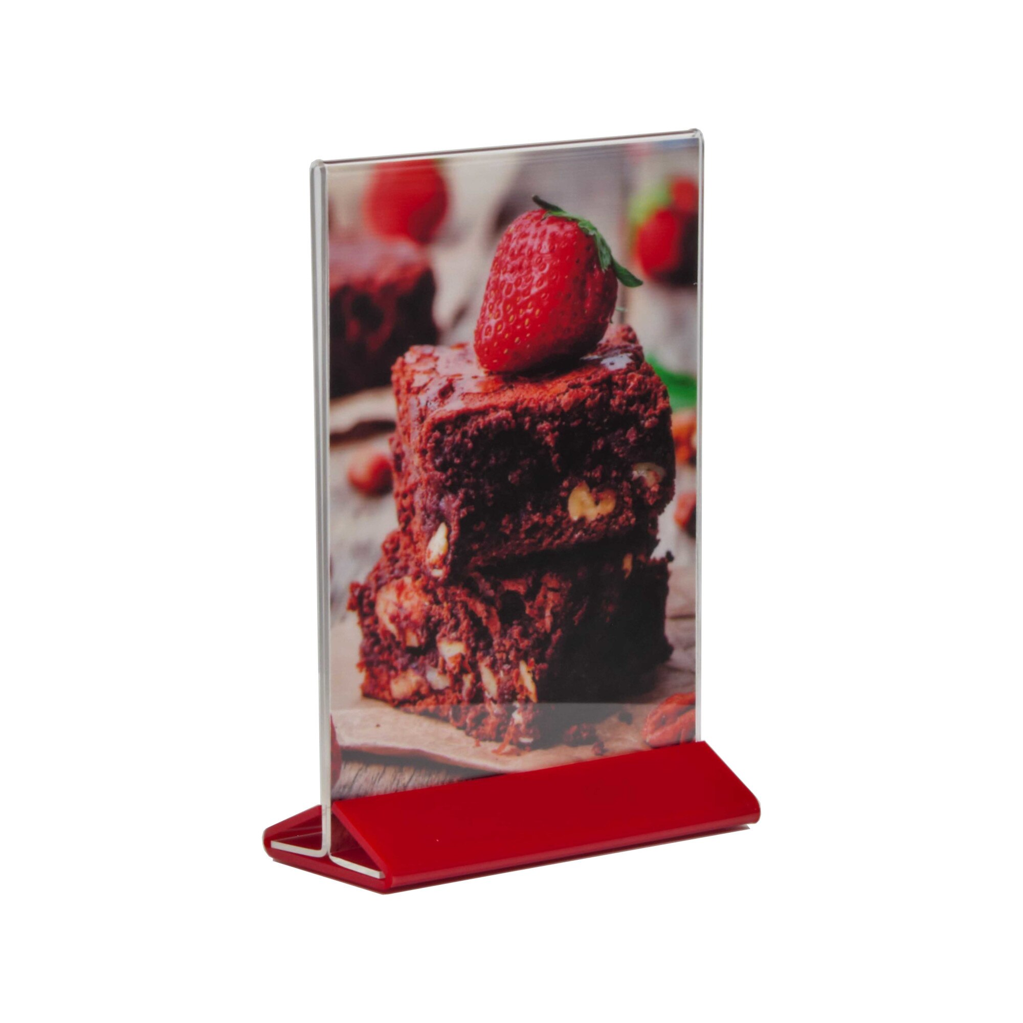 Suport meniu din plexiglas, pentru afisare formate A5, cu baza rosie, 3 buc/SET