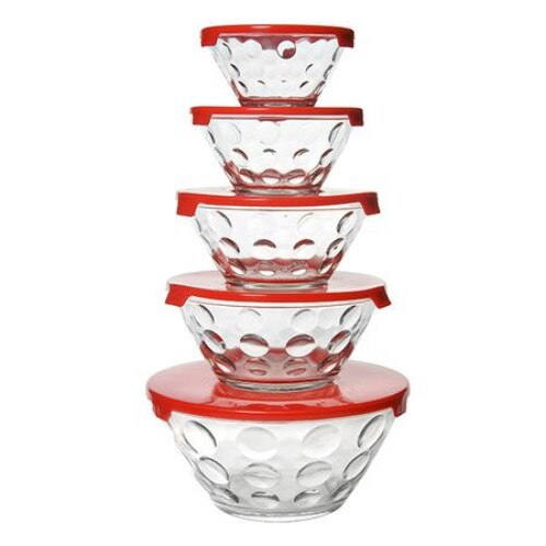 Set Caserole 5 din sticla , 10 piese cu capace din plastic,ROSU