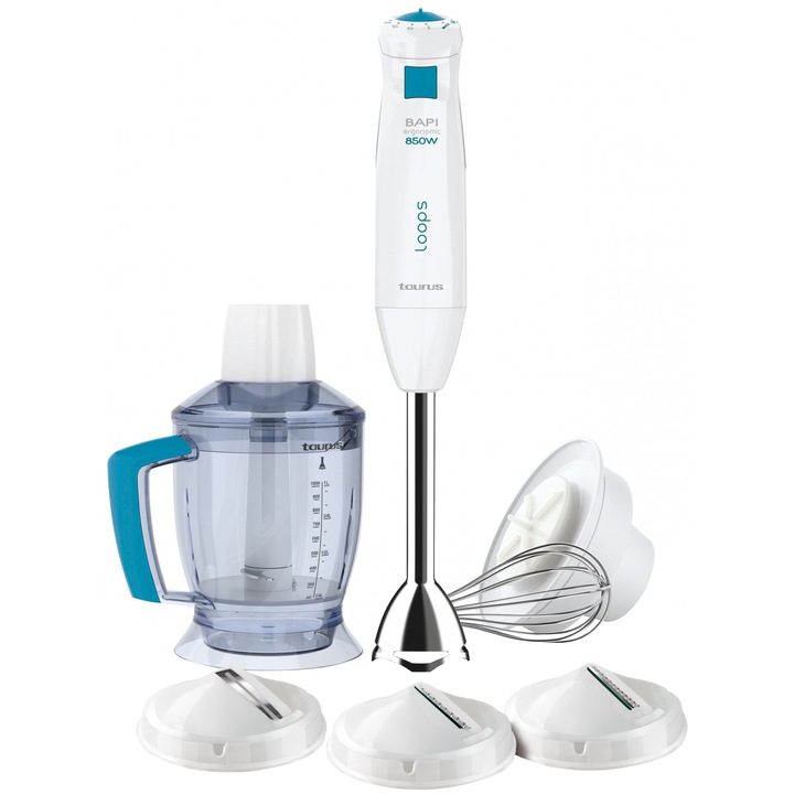 Пасатор Taurus Bapi 850 Loops Inox, 850W, 20 скорости, Функция Puls, 5 аксесоари, Чопър 1л, 3 диска, Бял/Инокс