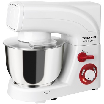 Mixer cu bol Taurus Mixing Chef, 1200W, 6 viteze, 2 program speciale, functie Puls, bol inox 5.5 l, kit patiserie, Alb/Rosu Mixer cu bol Taurus Mixing Chef, 1200W, 6 viteze, 2 program speciale, functie Puls, bol inox 5.5 l, kit patiserie, Alb/Rosu