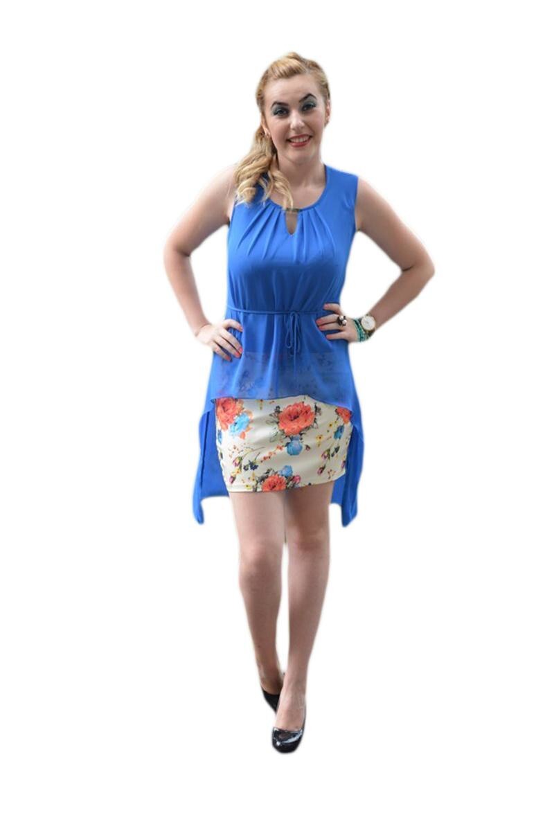 Rochie eleganta, doua suprapuneri de material,voal asimetric, D&J Exclusive, Albastru