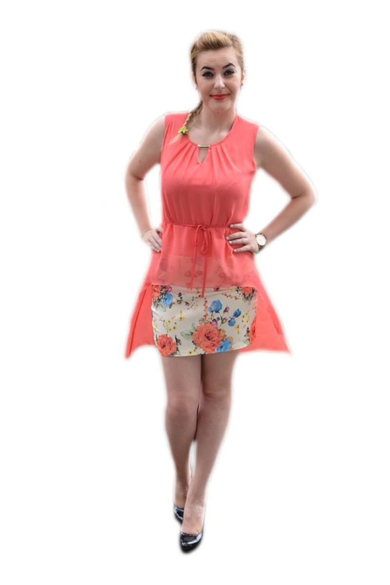 Rochie eleganta, doua suprapuneri de material,voal asimetric, D&J Exclusive, Corai