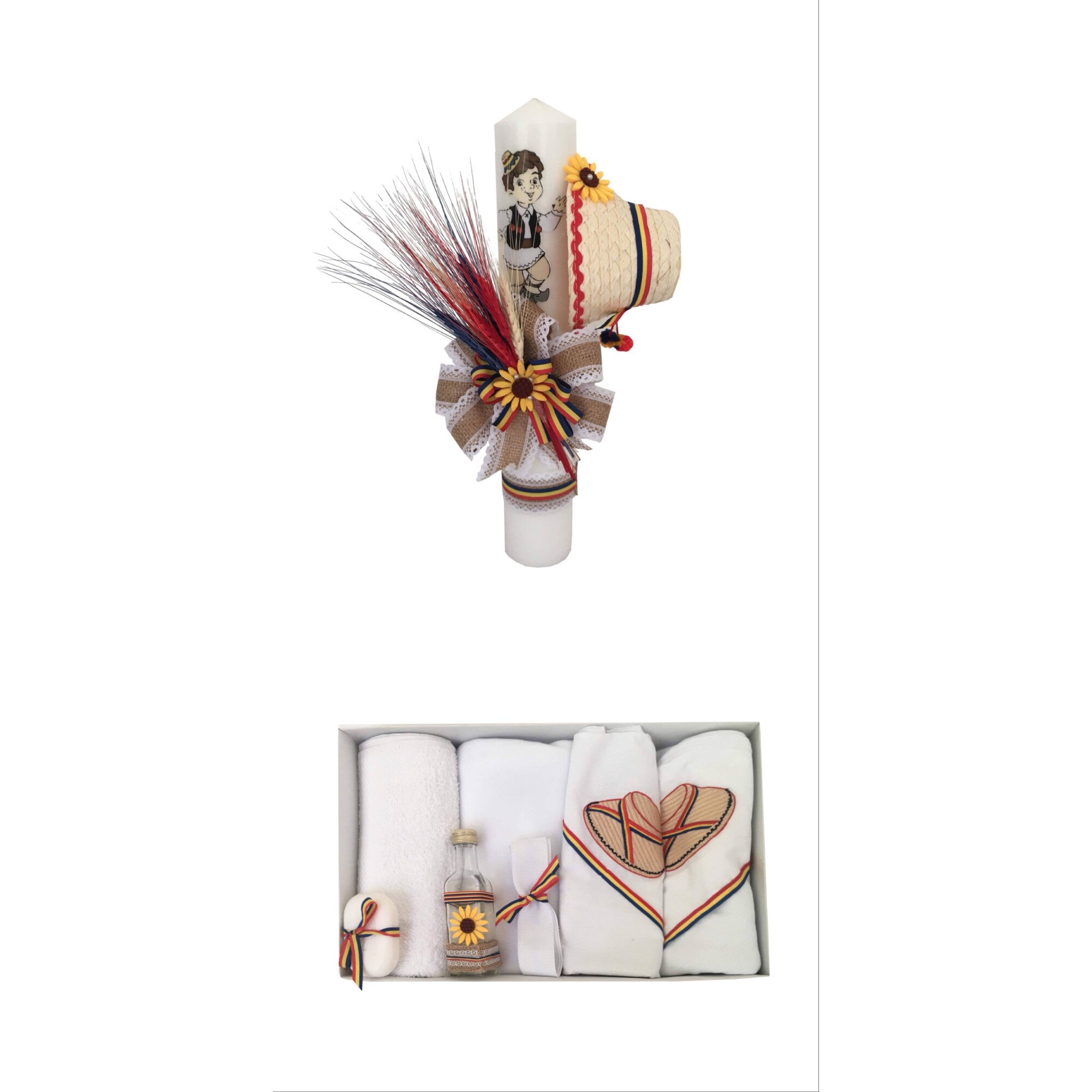 Set Botez Trditional ,Lumanare si Trusou 7 piese,Alb/Tricolor