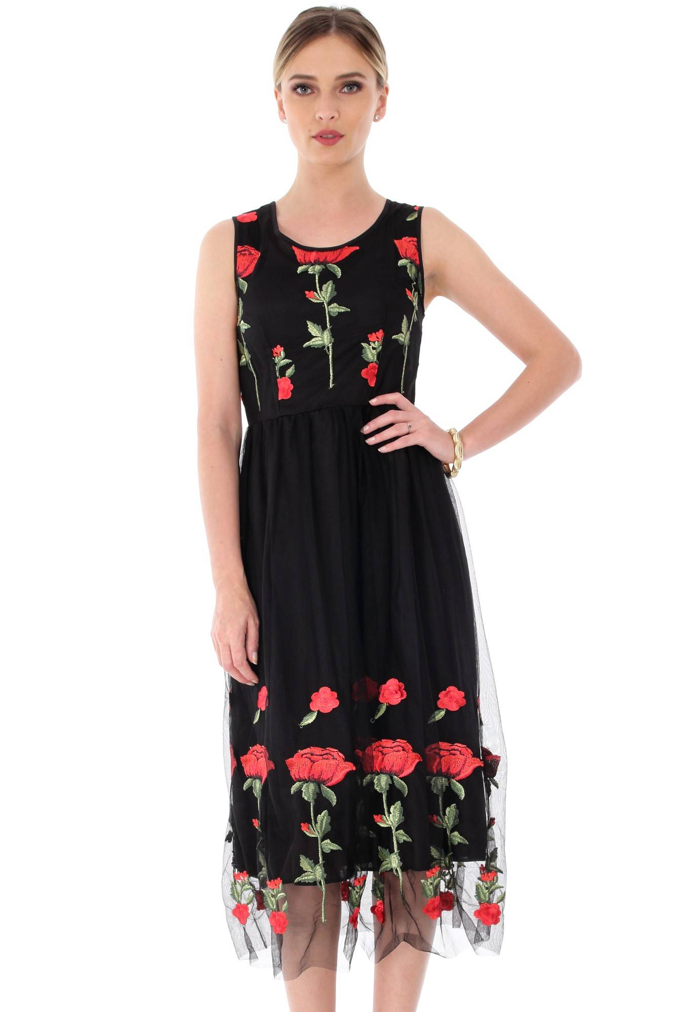 Rochie neagra, ROH, cu trandafiri brodati, M/L