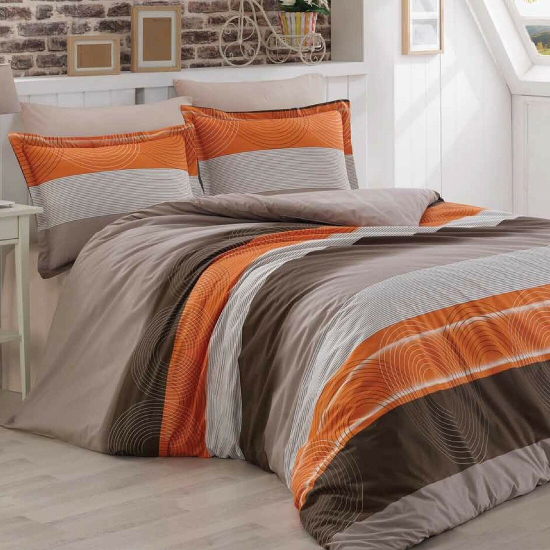 Lenjerie de Pat, Bumbac Ranforce Lux, Model Dungi Portocalii, 2 persoane, 50X70, 200X200