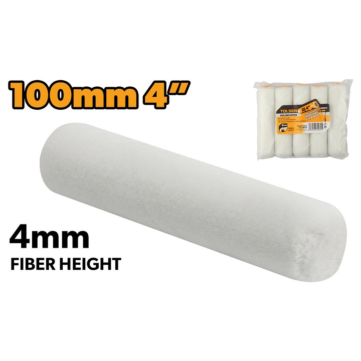 Rola trafalet TOLSEN 100 mm, fibra 4 mm, acril, ax 5.7 mm, pentru finisaje fine si suprafete netede, montare si inlocuire rapida