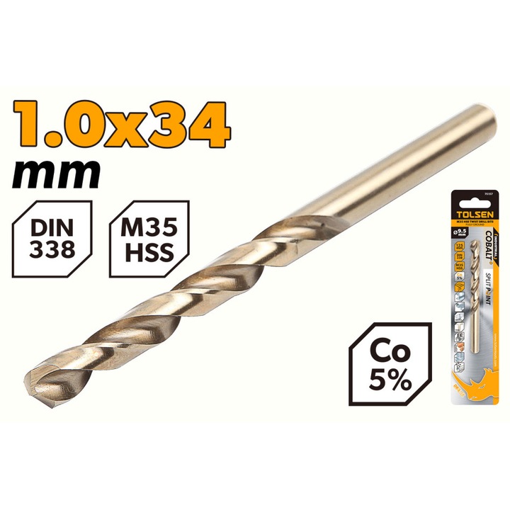 Set 2 burghie COBALT CO5% TOLSEN HSS M35 1.0 mm, DIN338, lungime 34 mm, canelura 12 mm, punct 135°, pentru otel inoxidabil si materiale dure, uz industrial