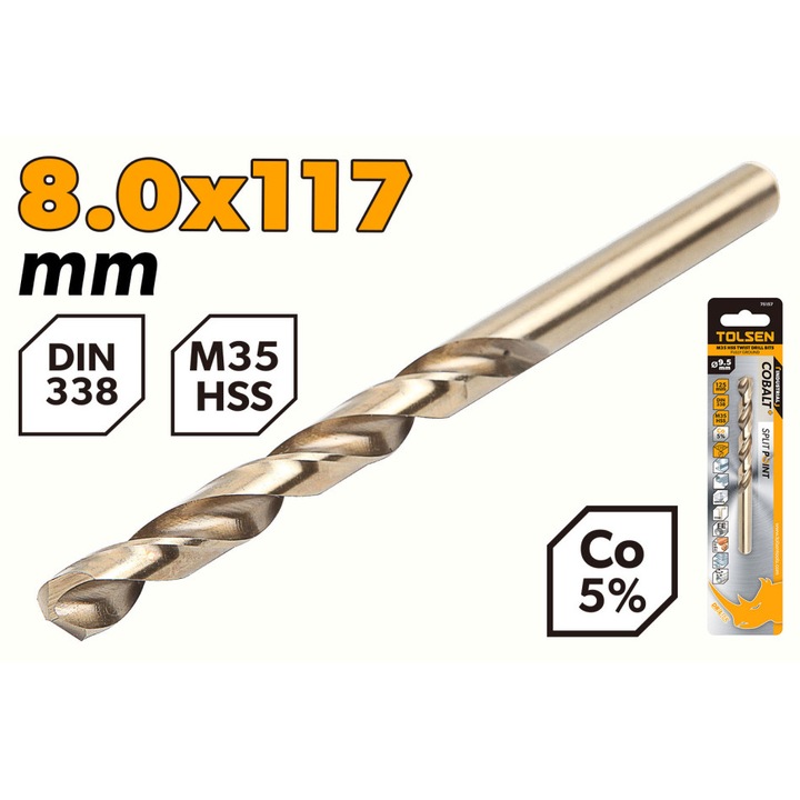 Burghiu COBALT CO5% TOLSEN HSS M35 8.0 mm, DIN338, lungime 117 mm, canelura 75 mm, punct 135°, pentru otel inoxidabil si materiale dure, uz industrial