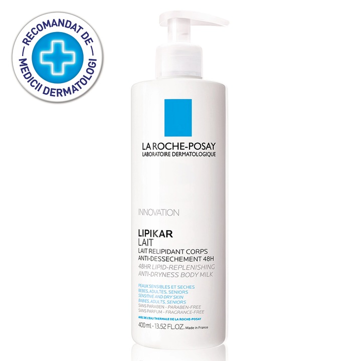 Lapte de corp relipidant, anti-uscaciune La Roche-Posay Lipikar, fara parfum, pentru bebelusi, copii, adulti, 400ml