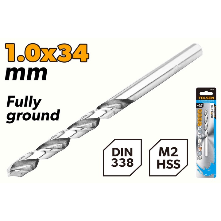 Set 2 burghie TOLSEN HSS M2 1 mm, DIN338, lungime 34 mm, canelura 12 mm, unghi 135°, otel rapid industrial pentru gaurire precisa