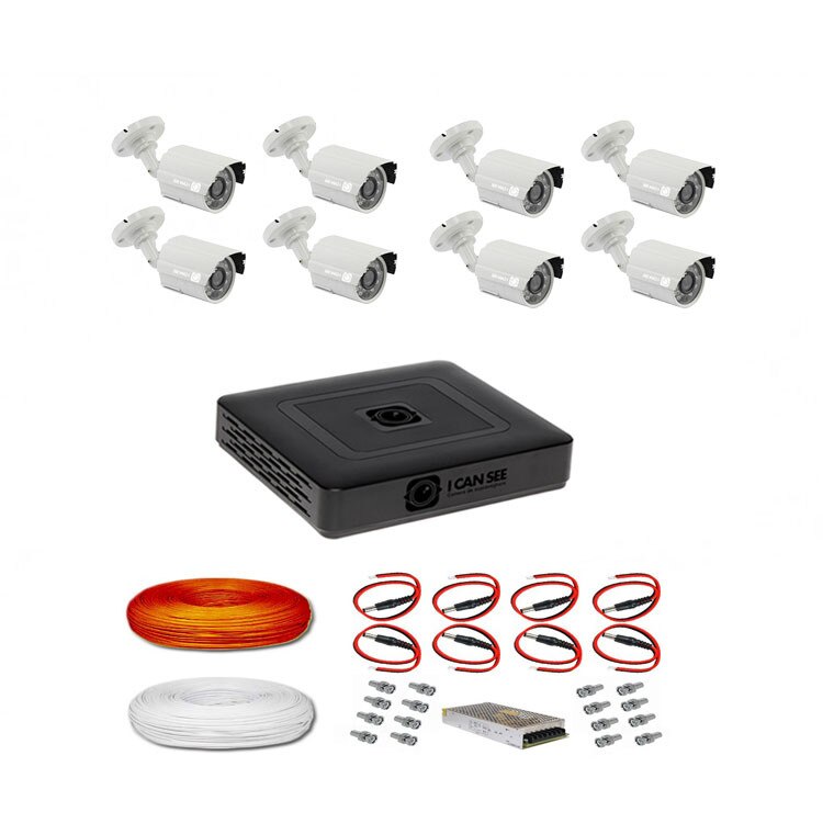 Kit supraveghere video complet ICansee 8 camere exterior FullHD cu IR 20 m cu vizionare live telefon mobil + DVR + Hard 1Tb