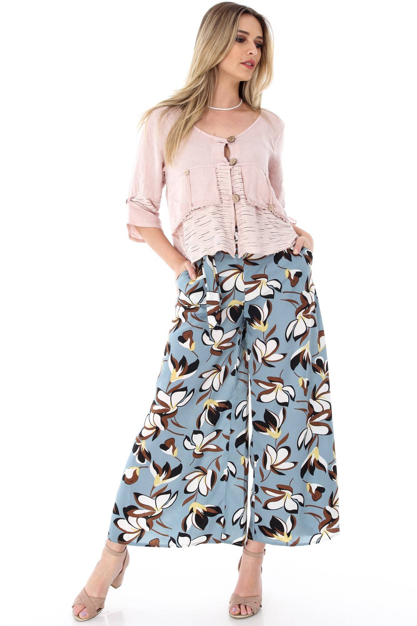 Pantaloni turquaz, ROH, cu imprimeu retro