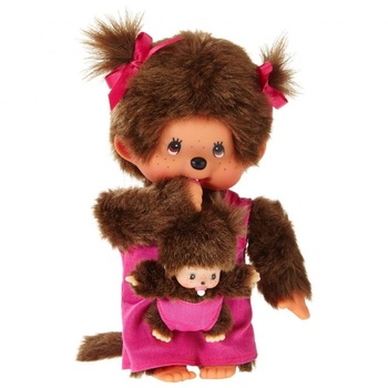 Papusa Monchhichi in rochie roz 20 cm Papusa Monchhichi in rochie roz 20 cm