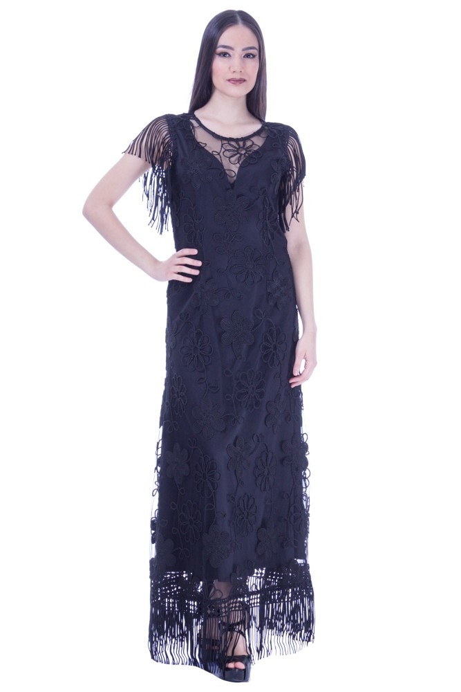 Rochie tul negru cu aplicatii si franjuri Liza Panait I-9E