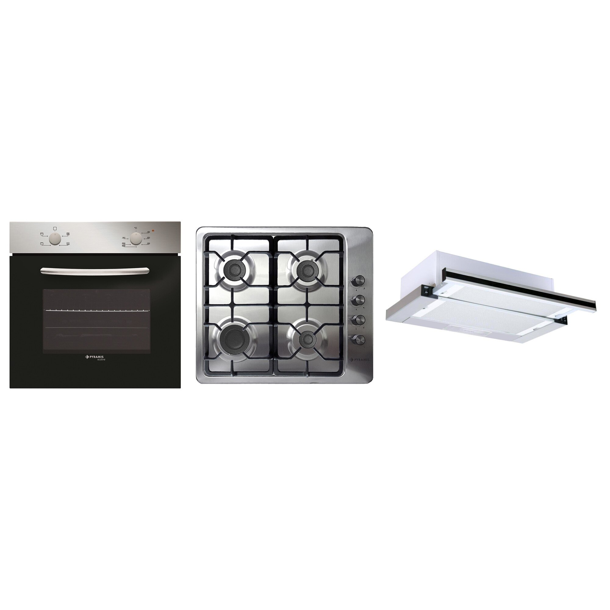 Pachet Pyramis 1015H539703, cuptor electric 4 functii, plita gaz inox si fonta si hota telescopica