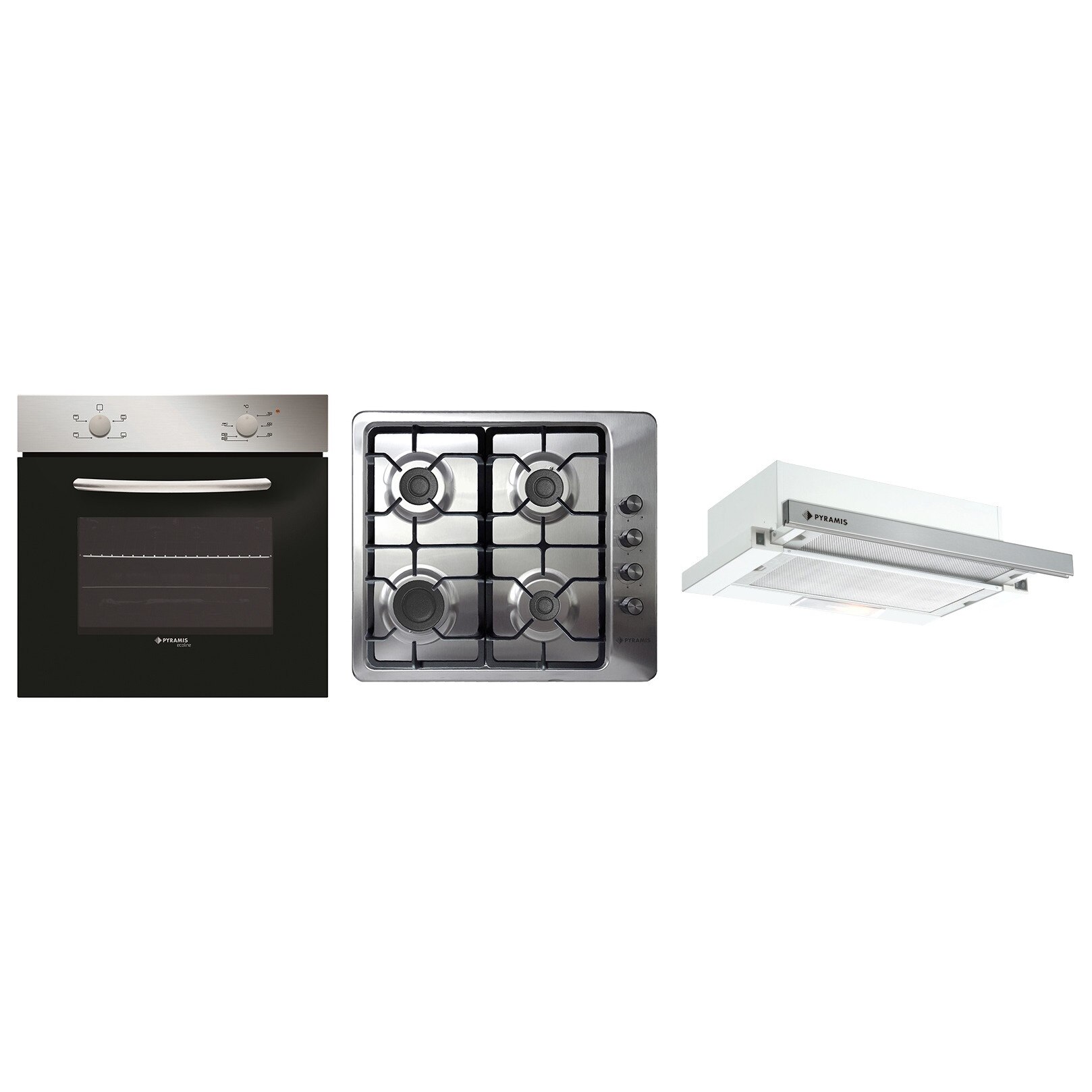 Pachet Pyramis 1013H539701, cuptor electric 4 functii, plita gaz inox si fonta si hota telescopica