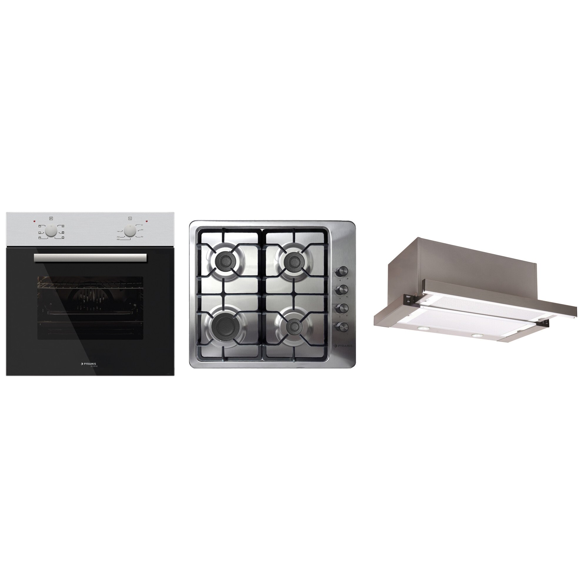 Pachet Pyramis 1006H539705, cuptor electric 6 functii, plita gaz inox si fonta si hota telescopica