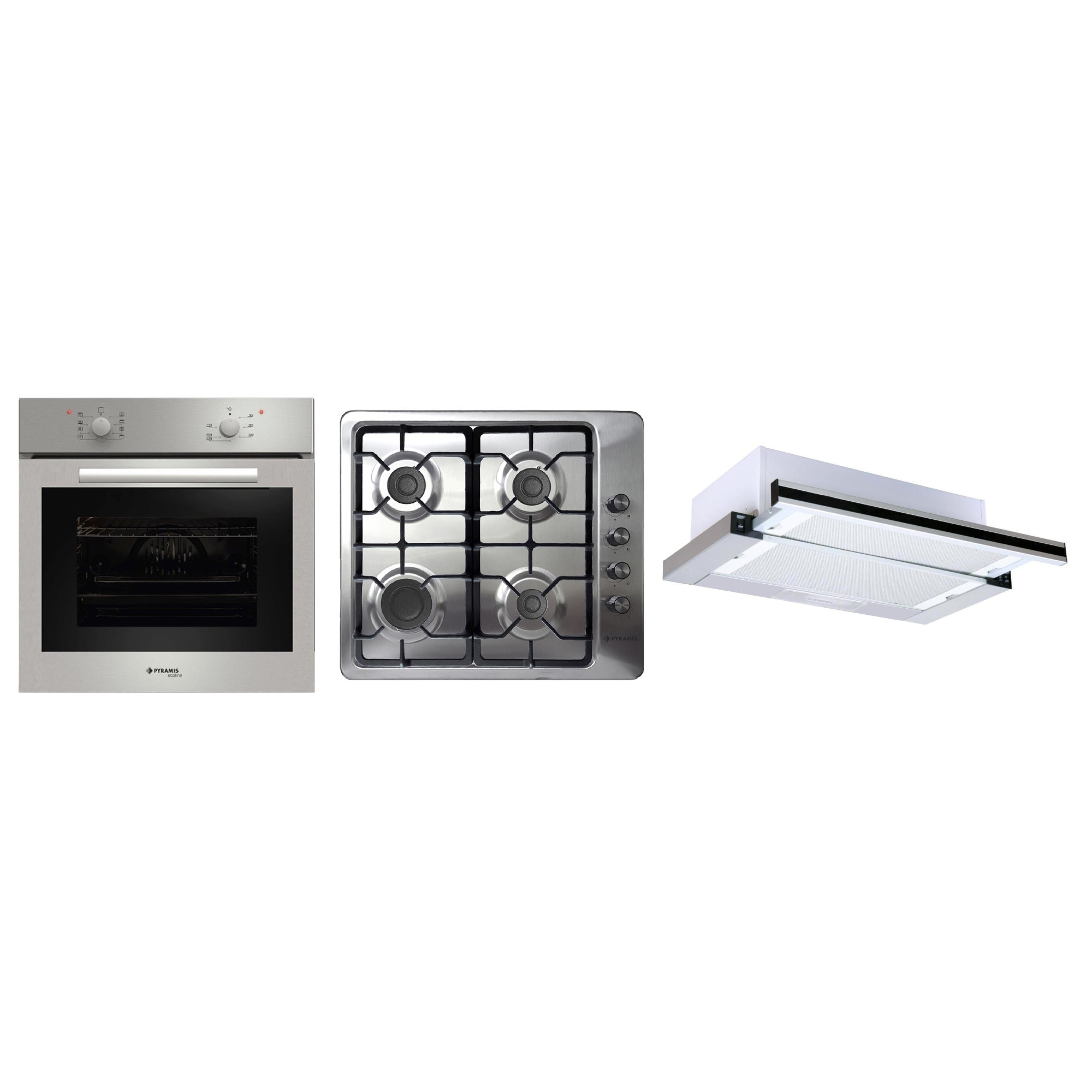 Pachet Pyramis 1045H539703, cuptor electric 8 functii, plita gaz inox si fonta si hota telescopica