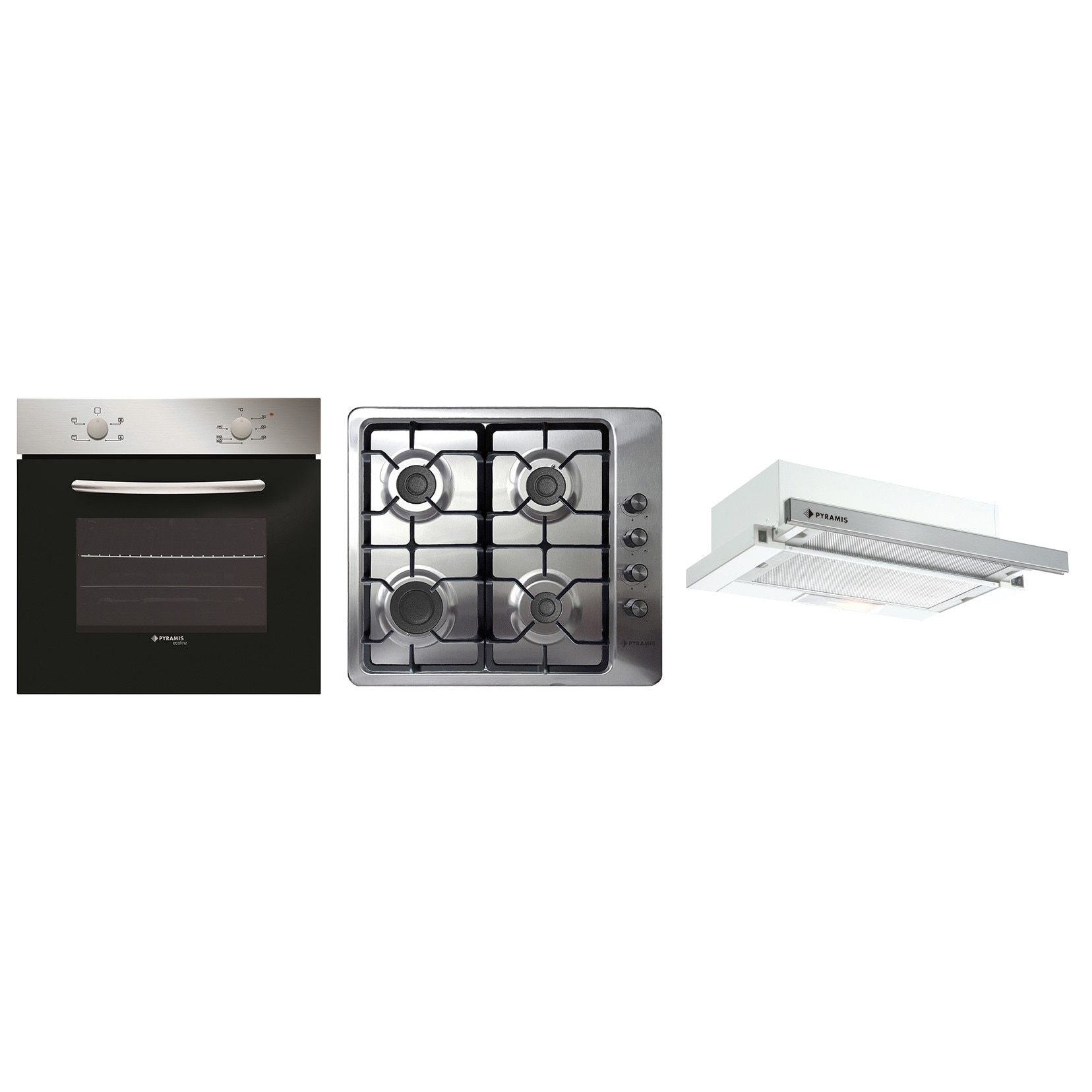 Pachet Pyramis 1015H539701, cuptor electric 4 functii, plita gaz inox si fonta si hota telescopica