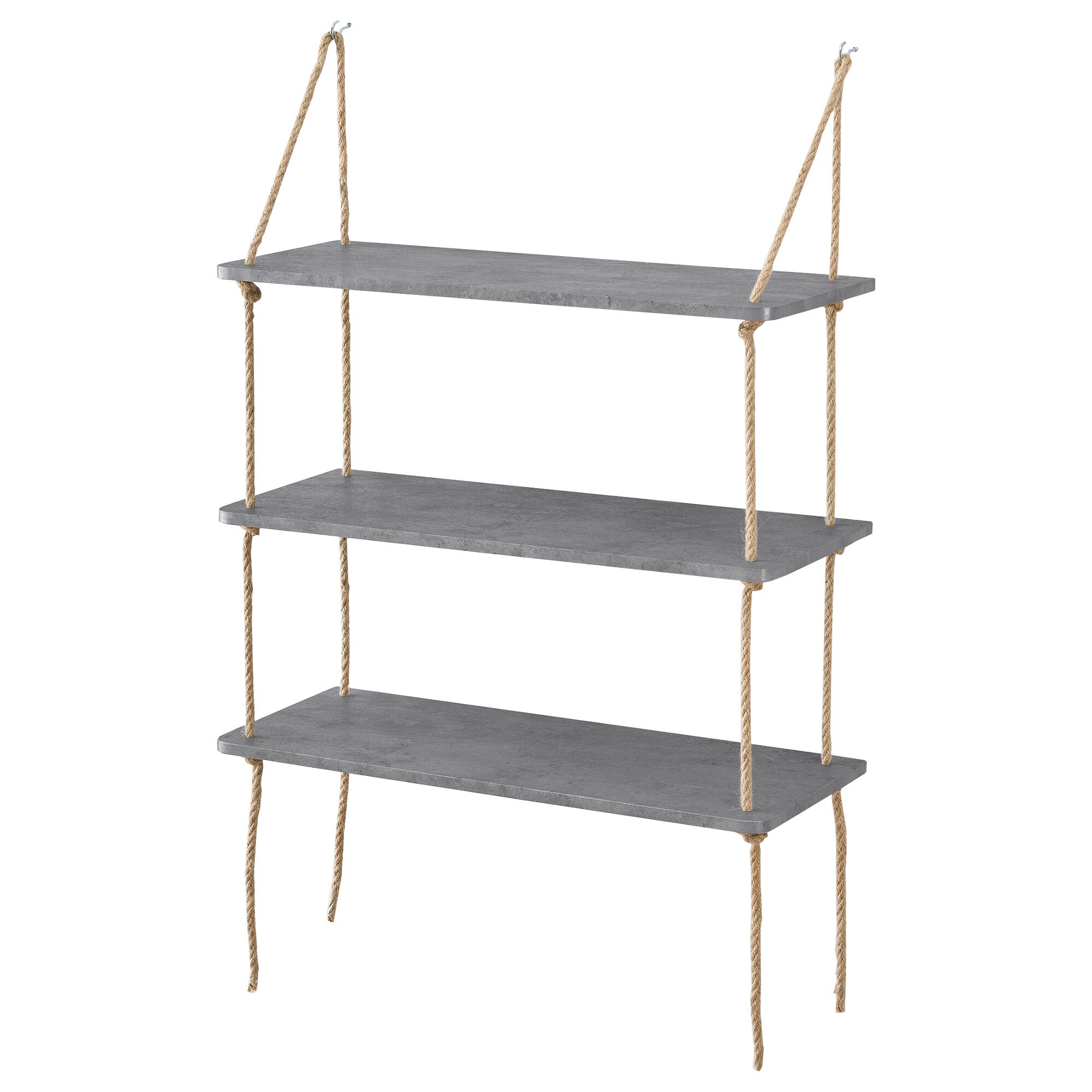 Sistem rafturi design pe 3 nivele, Modell 2, en.casa, 60 x 23,5 cm, MDF cu invelis PVC inaltime reglabila cu sfoara -culoarea betonului