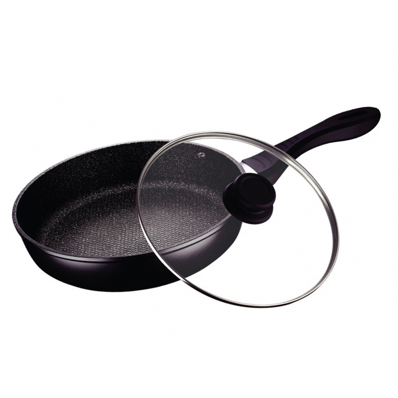 Tigaie aluminiu Bohmann 22X4.8 cm, cu invelis interior din marmura, fagure de miere, cu capac, Negru