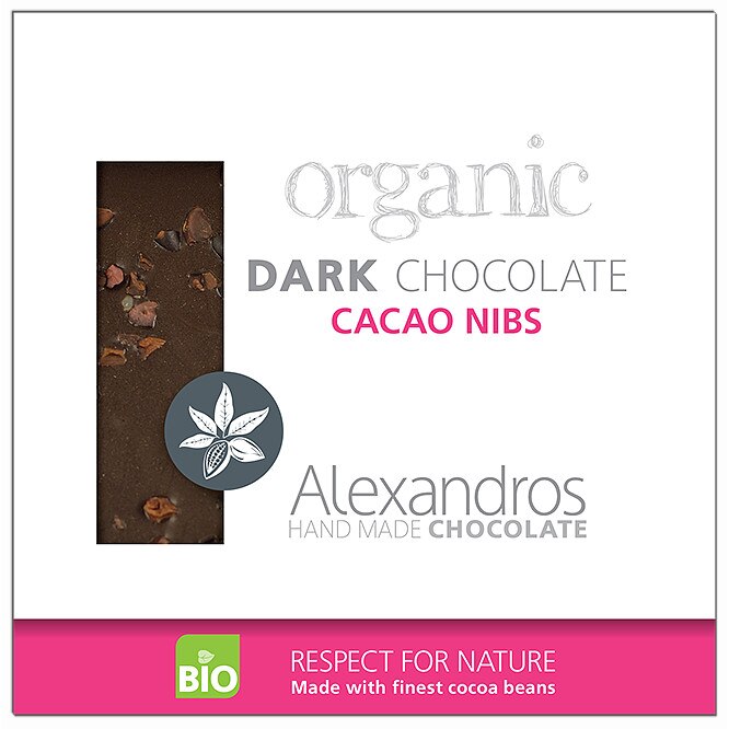 Ciocolata neagra cu fulgi de cacao, Alexandros, BIO, 70% cacao, amaruie, 90 g