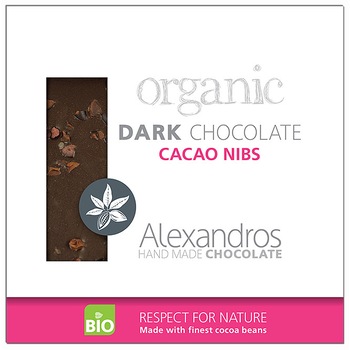 Ciocolata neagra cu fulgi de cacao, Alexandros, BIO, 70% cacao, amaruie, 90 g