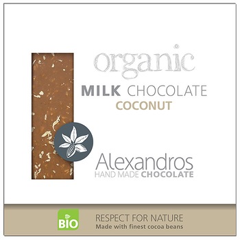 Ciocolata cu lapte si nuca de cocos BIO, Alexandros, BIO, 32% cacao, hand made, 90 g