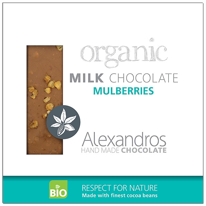Ciocolata cu lapte si dude, Alexandros, BIO, 32% cacao, hand made, 90 g