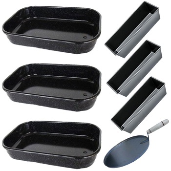 Pachet - 3 x Tava emailata pentru cuptor, 36cm + 3 x Tava mare de cozonac/chec + Tava pentru copt legume, 29cm Pachet - 3 x Tava emailata pentru cuptor, 36cm + 3 x Tava mare de cozonac/chec + Tava pentru copt legume, 29cm