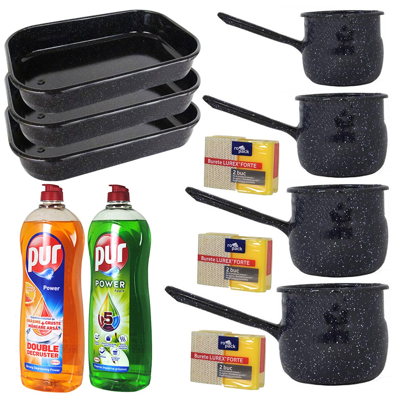 Pachet - 3 x Tava emailata pentru cuptor, 40cm + 4 x Ibric emailat bombat (350ml, 600ml, 1L, 1.5L) + 3 x Set Bureti de vase, 2buc/Set + 2 x Detergent lichid de vase Pur, 900ml (mar verde, portocale)