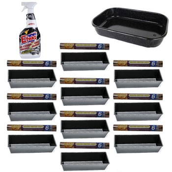 Pachet - 10 x Tava pentru copt forma pentru cozonac si chec din tabla teflonata, 31x12x7,5cm + 10 x hartie pentru copt, 6m + Tava emailata 36cm + Efekt degresant aragaz, 750 ml Pachet - 10 x Tava pentru copt forma pentru cozonac si chec din tabla teflonata, 31x12x7,5cm + 10 x hartie pentru copt, 6m + Tava emailata 36cm + Efekt degresant aragaz, 750 ml
