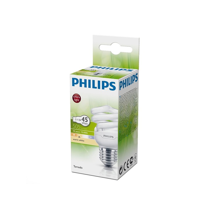 Bec economic Philips, Tornado T2, forma spirala, E27, 8W, 10000 ore, lumina calda