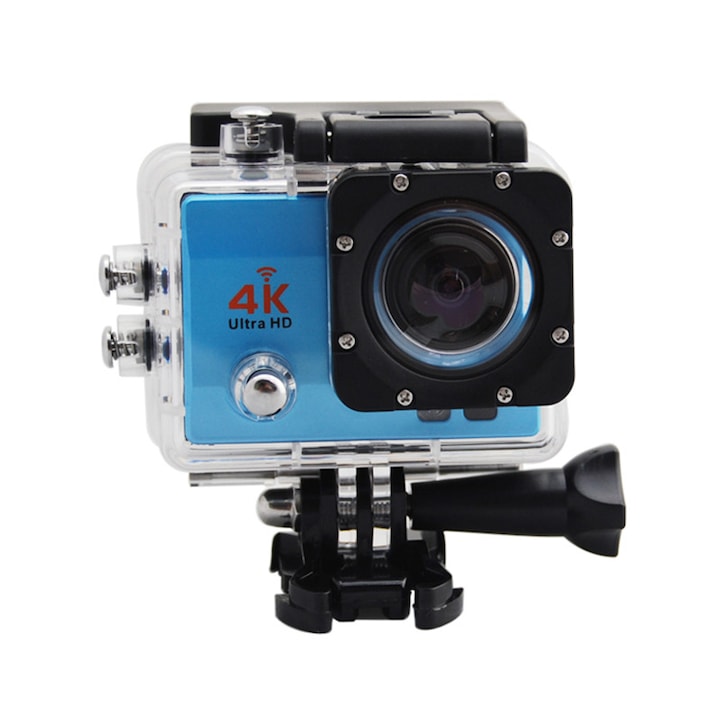 Camera Video Sport 4K ULTRA HD Q3H, Albastra, rezistenta la apa, cu toate accesoriile de prindere incluse